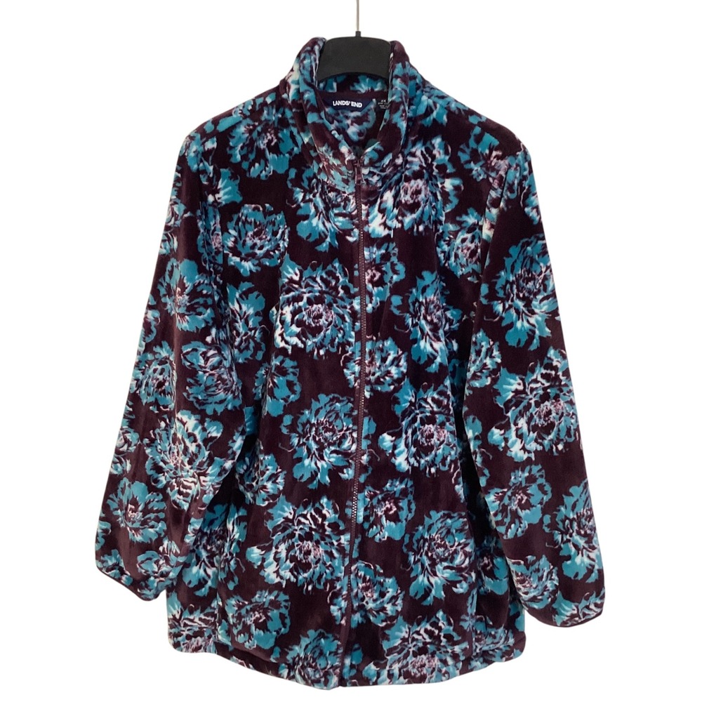 Lands End Womens 2X Floral Fleece Full Zip Jacket Purple Teal Mock Neck 20W-22W